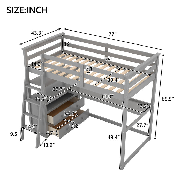 GFD Home - Twin Size Loft Bed with Desk and Shelves,Two Built-in Drawers,Gray(OLD SKU:GX000803AAE) - GreatFurnitureDeal