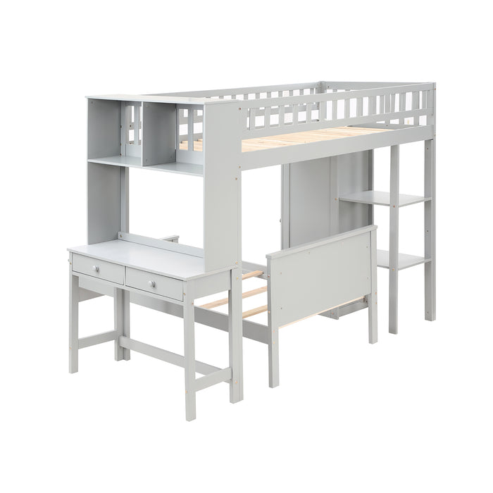 GFD Home - Twin Size Loft Bed with Closet and Desk, Extra Bottom Twin Bed, Grey - GreatFurnitureDeal