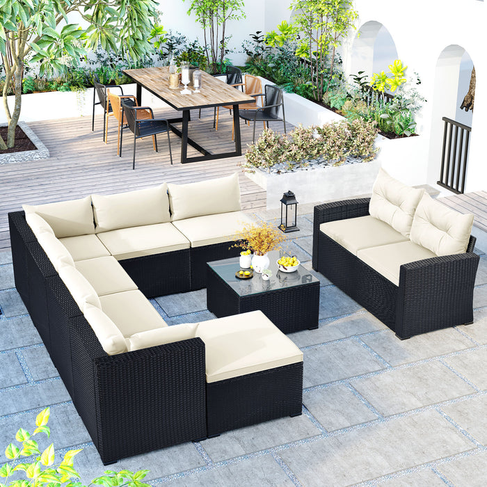 GFD Home - GO 9-piece Outdoor Patio Large Wicker Sofa Set, Rattan Sofa set for Garden, Backyard,Porch and Poolside, Black wicker, Beige Cushion - GreatFurnitureDeal