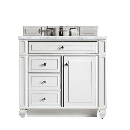 James Martin Furniture - Bristol 36" Single Vanity, Bright White w- 3 CM Carrara Marble Top - 157-V36-BW-3CAR - GreatFurnitureDeal