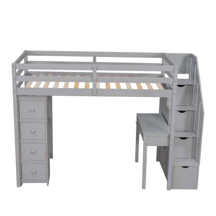 GFD Home - Twin size Loft Bed with Storage Drawers ,Desk and Stairs, Wooden Loft Bed with Shelves - Gray - GreatFurnitureDeal