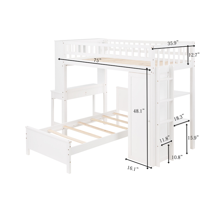 GFD Home - Twin Size Loft Bed with Closet and Desk, Extra Bottom Twin Bed, White - GreatFurnitureDeal