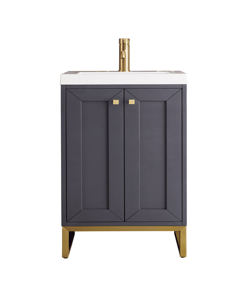 James Martin Furniture - Chianti 20" Single Vanity Cabinet, Mineral Grey, Radiant Gold, w/ White Glossy Composite Countertop - E303V20MGRGDWG - GreatFurnitureDeal