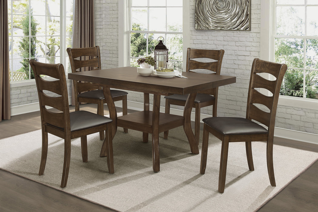 GFD Home - Transitional Dining Room Furniture 5pc Dining Set Table w Self-Storing Leaf and 4x Side Chairs Brown Finish Wooden Furniture - GreatFurnitureDeal