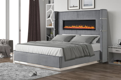 GFD Home - Lizelle Upholstery Wooden Queen Bed with Ambient lighting in Gray Velvet Finish - GreatFurnitureDeal