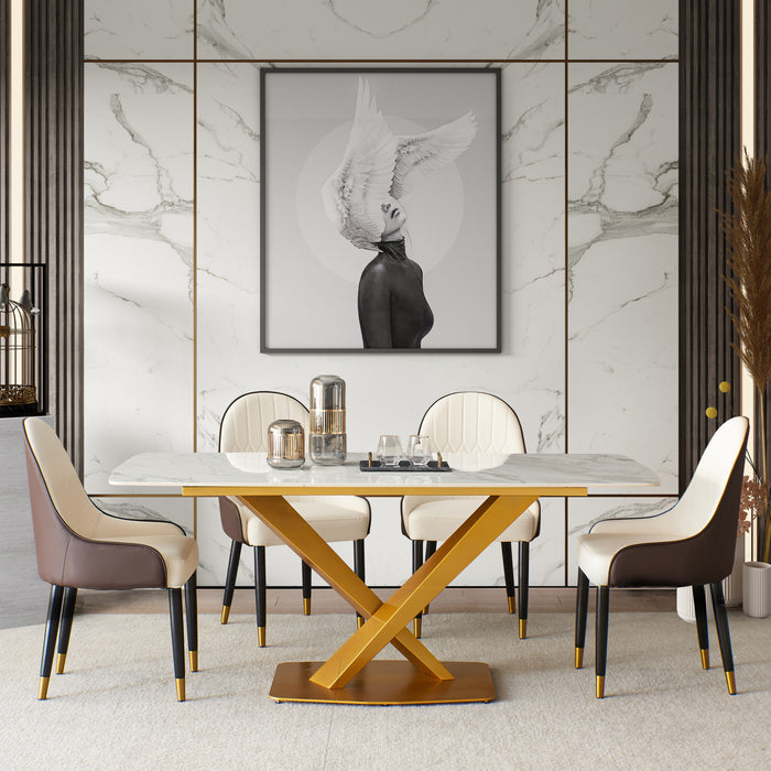 GFD Home - Sintered stone dinning table with 6 pcs Chairs ,Carrara white color , Modern Dinning table with solid Gold Carbon Stell base 63" - GreatFurnitureDeal