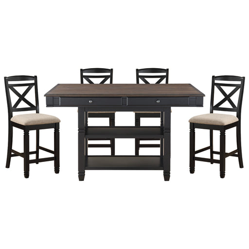 GFD Home - Transitional Style Counter Height Dining Set 5pc Table w Display Shelves Drawers and 4x Counter Height Chairs Black Finish Funiture - GreatFurnitureDeal