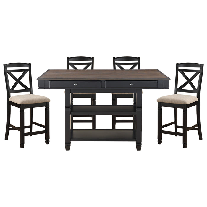 GFD Home - Transitional Style Counter Height Dining Set 5pc Table w Display Shelves Drawers and 4x Counter Height Chairs Black Finish Funiture - GreatFurnitureDeal