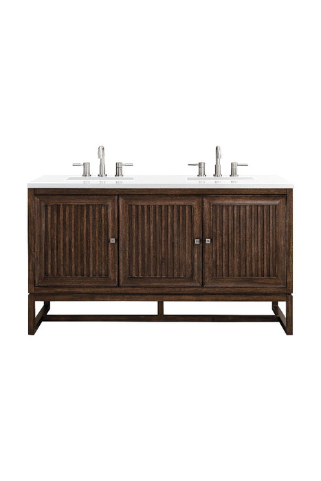 James Martin Furniture - Athens 60" Double Vanity Cabinet, Mid Century Acacia, w- 3 CM Classic White Quartz Top - E645-V60D-MCA-3CLW - GreatFurnitureDeal