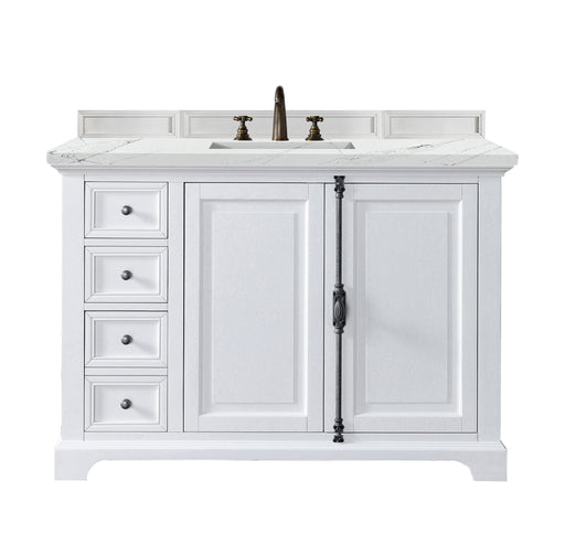 James Martin Furniture - Providence 48" Single Vanity Cabinet, Bright White, w/ 3 CM Ethereal Noctis Quartz Top - 238-105-V48-BW-3ENC - GreatFurnitureDeal