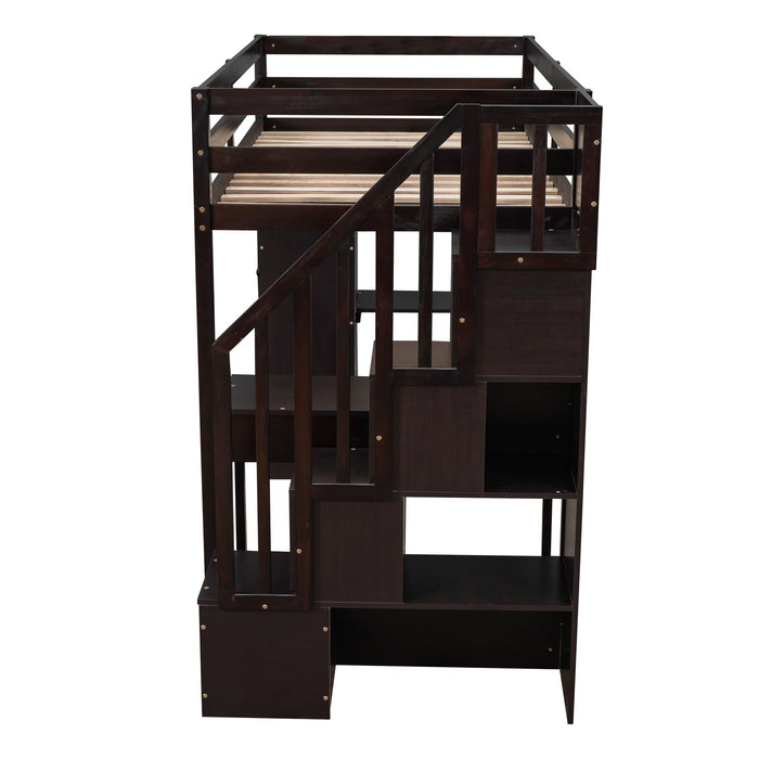 GFD Home - Twin size Loft Bed with Storage Drawers ,Desk and Stairs, Wooden Loft Bed with Shelves - Espresso - GreatFurnitureDeal