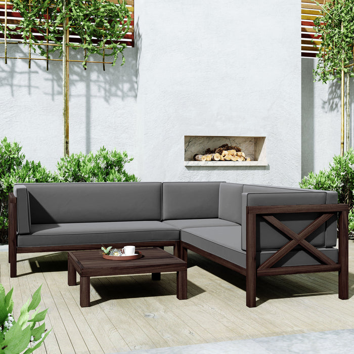 GFD Home - TOPMAX Outdoor Wood Patio Backyard 4-Piece Sectional Seating Group with Cushions and Table X-Back Sofa Set for Small Places, Brown Finish+Gray Cushions - GreatFurnitureDeal