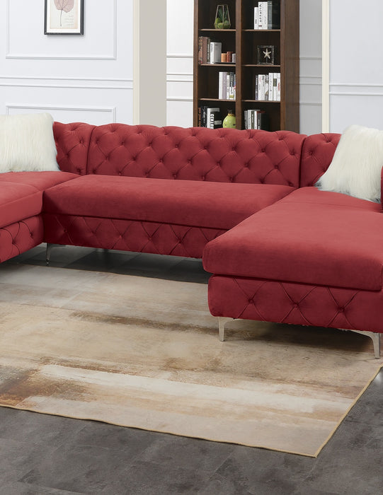 GFD Home - Gorgeous Living Room U-Sectional Burgundy Velvet Tufted Cushion Couch LAF And RAF Chaise Armless Loveseat - GreatFurnitureDeal