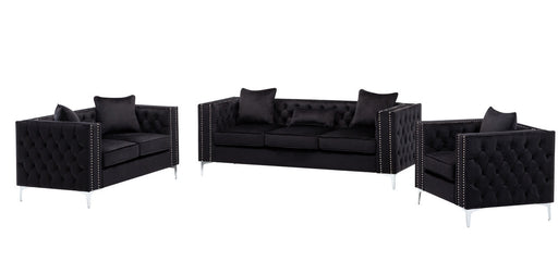 GFD Home - Lorreto Black Velvet Fabric Sofa Loveseat Chair Living Room Set - GreatFurnitureDeal