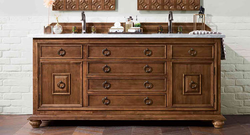 James Martin Furniture - Mykonos 72" Cinnamon Double Vanity w- 3 CM Carrara Marble Top - 550-V72-CIN-3CAR - GreatFurnitureDeal