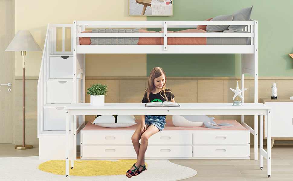 GFD Home - Stairway Twin XL Loft Bed with Twin Size Trundle and 3 Drawers, Storage, Desk, White - GreatFurnitureDeal