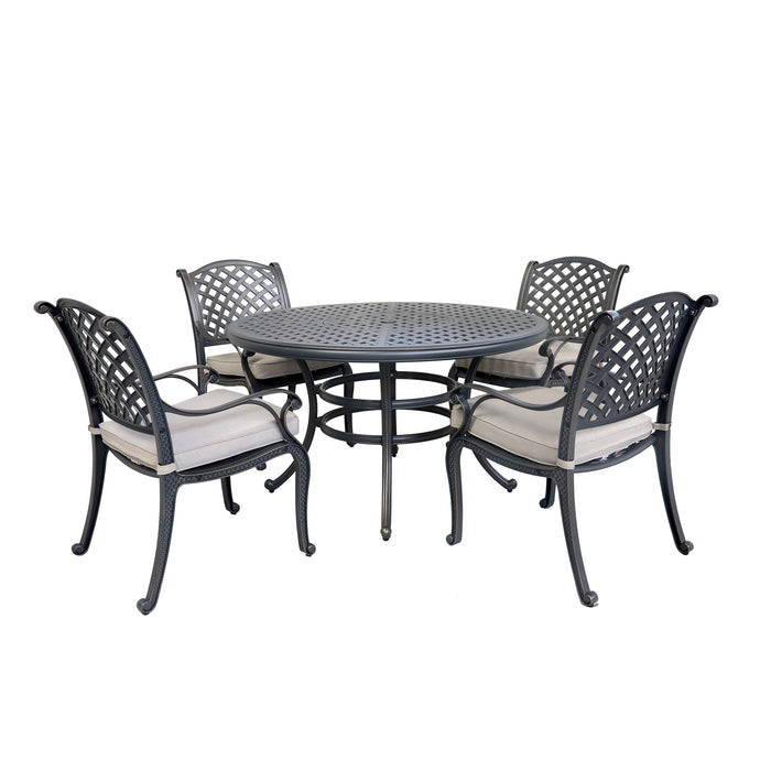 GFD Home - Cast Aluminum 5 Piece Round Dining Set with 4 Arm Chairs, Sand dollar Cushions - GreatFurnitureDeal