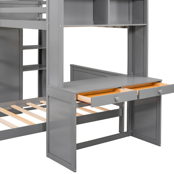 GFD Home - Twin size Loft Bed with a Stand-alone bed, Shelves,Desk,and Wardrobe-Gray - GreatFurnitureDeal