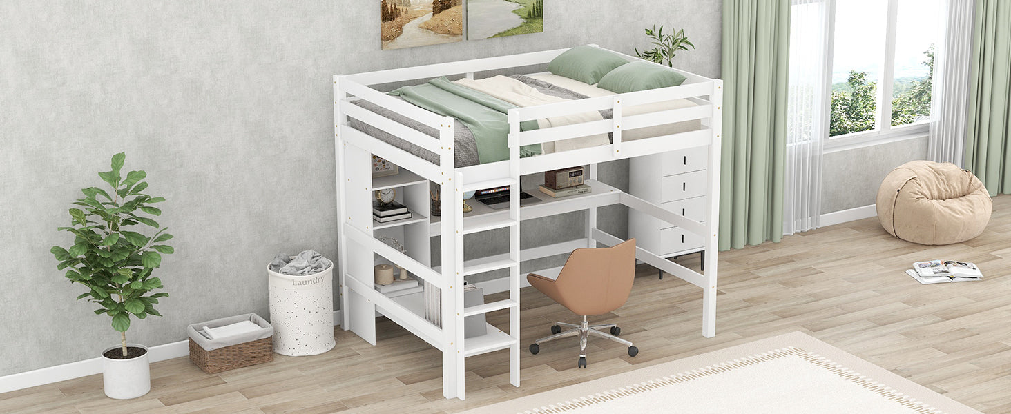 GFD Home - Full Size Loft Bed with Multifunction Shelves and Under-bed Desk, White - GreatFurnitureDeal