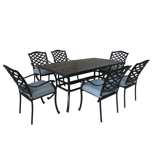 GFD House - Aluminum 7-Piece Rectangular Dining Set With 6 Arm Chairs, Light Blue - GreatFurnitureDeal