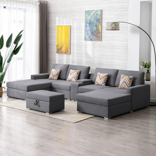 GFD Home - Nolan Gray Linen Fabric 6Pc Double Chaise Sectional Sofa with Interchangeable Legs, Storage Ottoman, Pillows, and a USB, Charging Ports, Cupholders, Storage Console Table - GreatFurnitureDeal