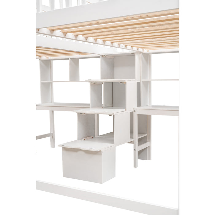 GFD Home - Twin & Twin Size Loft Bed with 2 Built-in Desks and Shelves, Storage Staircase, White - GreatFurnitureDeal