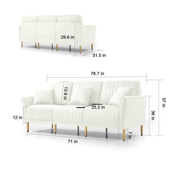 GFD Home - Modern Upholstered Sofa 3 Seater Couches and 2 Set of 2 Seater Couchses for Living Room Sectional Sofas w/throw Pillows and Gold Metal Legs, Cream Velvet - GreatFurnitureDeal