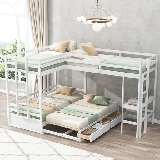 GFD Home - Twin over Twin/King Size L-Shaped Bunk Bed with Built-in Desk and Two Drawers,White - GreatFurnitureDeal