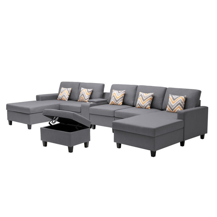GFD Home - Nolan Gray Linen Fabric 7Pc Double Chaise Sectional Sofa with Interchangeable Legs, Storage Ottoman, Pillows, and a USB, Charging Ports, Cupholders, Storage Console Table - GreatFurnitureDeal