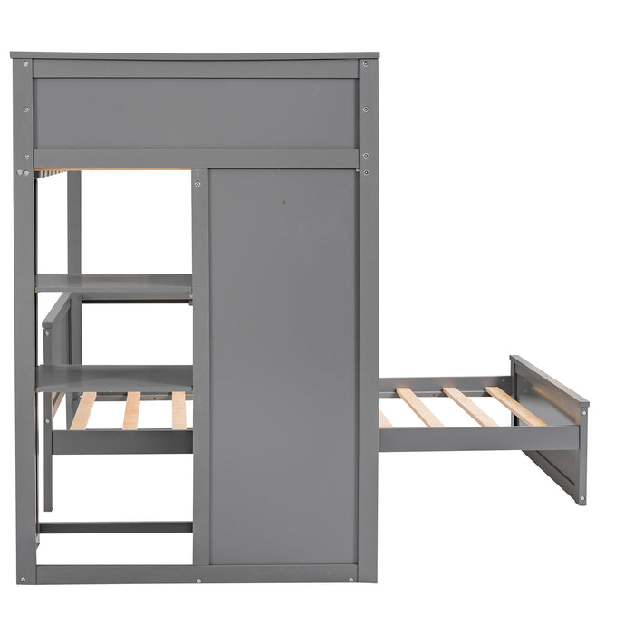 GFD Home - Twin size Loft Bed with a Stand-alone bed, Shelves,Desk,and Wardrobe-Gray - GreatFurnitureDeal