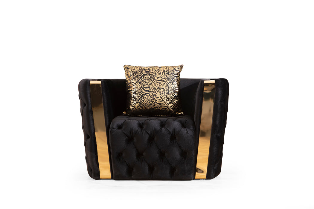 GFD Home - Naomi Button Tufted 3 Pc Sofa Set with Velvet Fabric and Gold Accent in Black - GreatFurnitureDeal