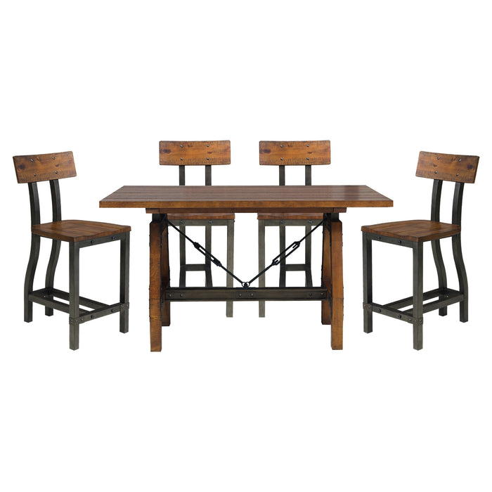GFD Home - Rustic Brown and Gunmetal Finish 5pc Dining Set Counter Height Table And 4x Counter Height Chairs Industrial Design Wooden Dining Furniture - GreatFurnitureDeal
