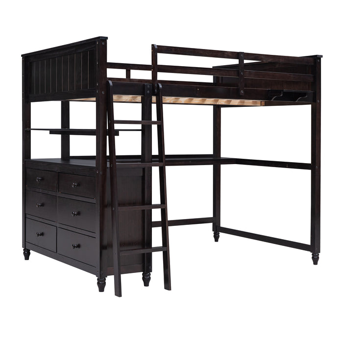 GFD Home - Full size Loft Bed with Drawers and Desk, Wooden Loft Bed with Shelves - Espresso(OLD SKU:LT000529AAP) - GreatFurnitureDeal