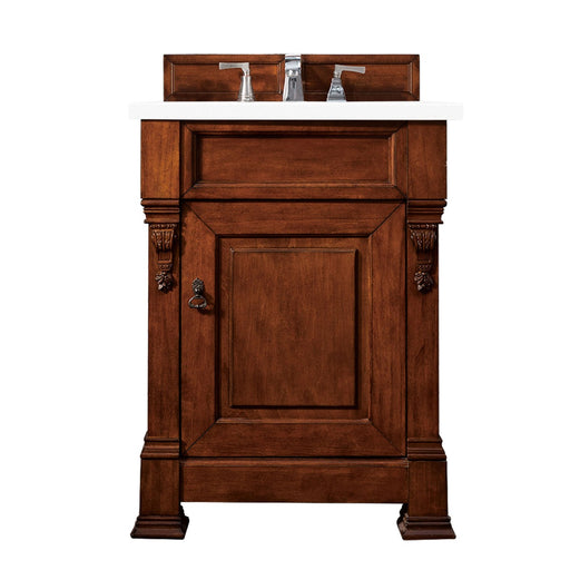 James Martin Furniture - Brookfield 26" Warm Cherry Single Vanity w- 3 CM Classic White Quartz Top - 147-114-V26-WCH-3CLW - GreatFurnitureDeal