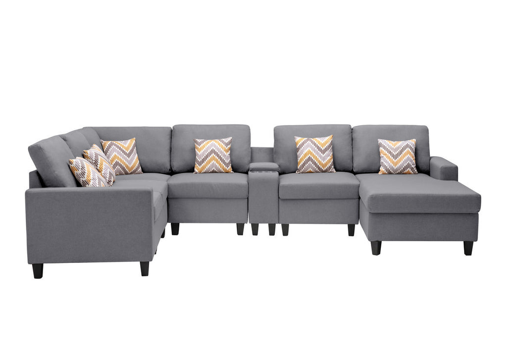 GFD Home - Nolan Gray Linen Fabric 7Pc Reversible Chaise Sectional Sofa with a USB, Charging Ports, Cupholders, Storage Console Table and Pillows and Interchangeable Legs - GreatFurnitureDeal