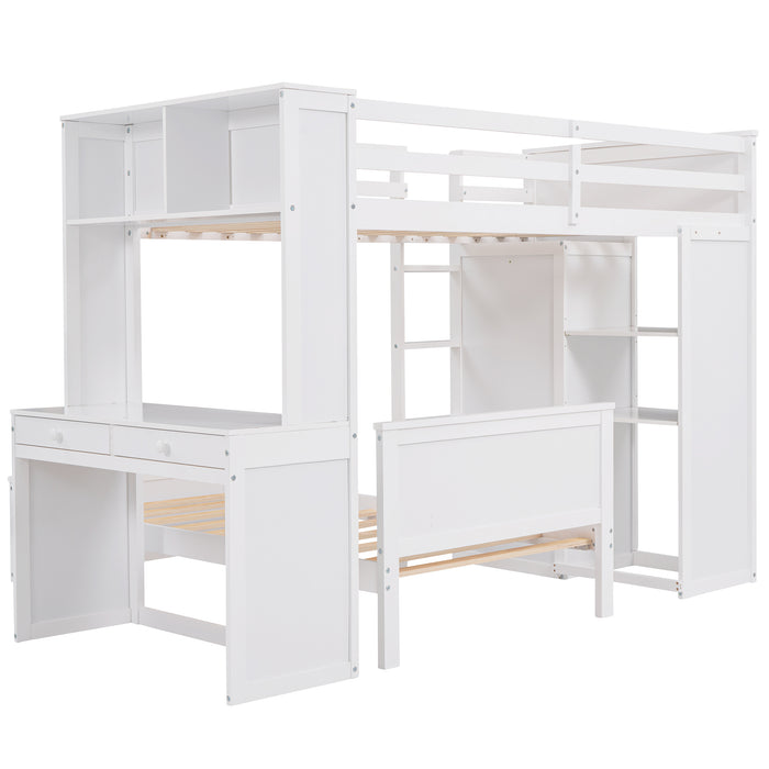 GFD Home - Twin size Loft Bed with a Stand-alone bed, Shelves,Desk,and Wardrobe-White - GreatFurnitureDeal