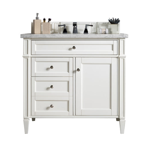James Martin Furniture - Brittany 36" Bright White Single Vanity w- 3 CM Arctic Fall Solid Surface Top - 650-V36-BW-3AF - GreatFurnitureDeal