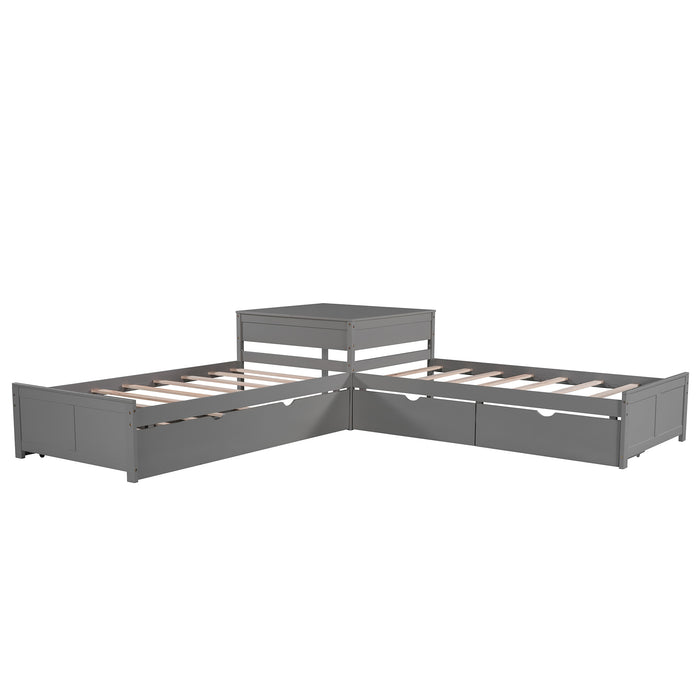 GFD Home - L-shaped Platform Bed with Trundle and Drawers Linked with built-in Desk,Twin,Gray - GreatFurnitureDeal