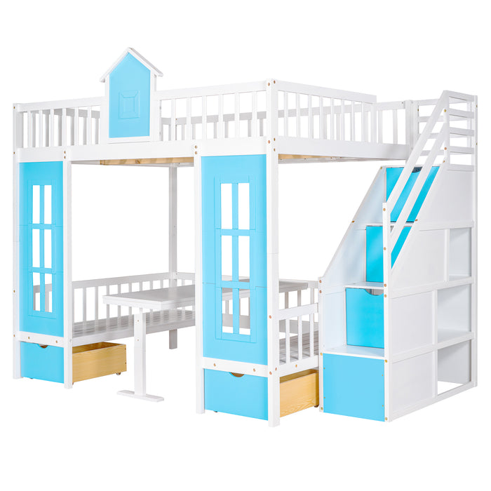 GFD Home - Full-Over-Full Bunk Bed with Changeable Table , Bunk Bed Turn into Upper Bed and Down Desk - Blue - GreatFurnitureDeal