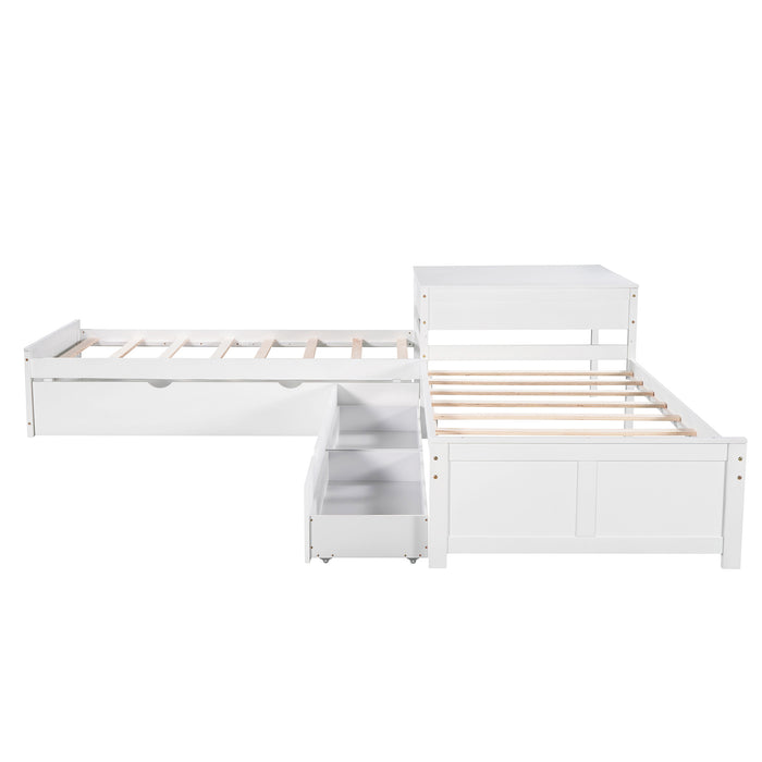 GFD Home - L-shaped Platform Bed with Trundle and Drawers Linked with built-in Desk,Twin,White - GreatFurnitureDeal