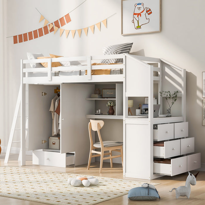 GFD Home - Twin Size Loft Bed with Wardrobe and Drawers, attached Desk with Shelves, White - GreatFurnitureDeal