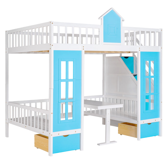 GFD Home - Full-Over-Full Bunk Bed with Changeable Table , Bunk Bed Turn into Upper Bed and Down Desk - Blue - GreatFurnitureDeal