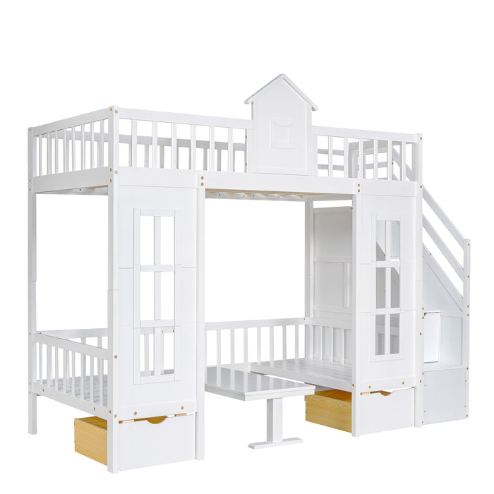 GFD Home - Twin-Over-Twin Bunk Bed with Changeable Table , Bunk Bed  Turn into Upper Bed and Down Desk with 2 Drawers - White - GreatFurnitureDeal