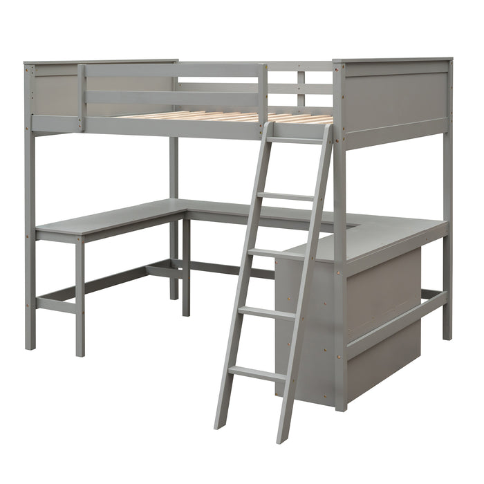 GFD Home - Full size Loft Bed with Shelves and Desk, Wooden Loft Bed with Desk - Gray - GreatFurnitureDeal