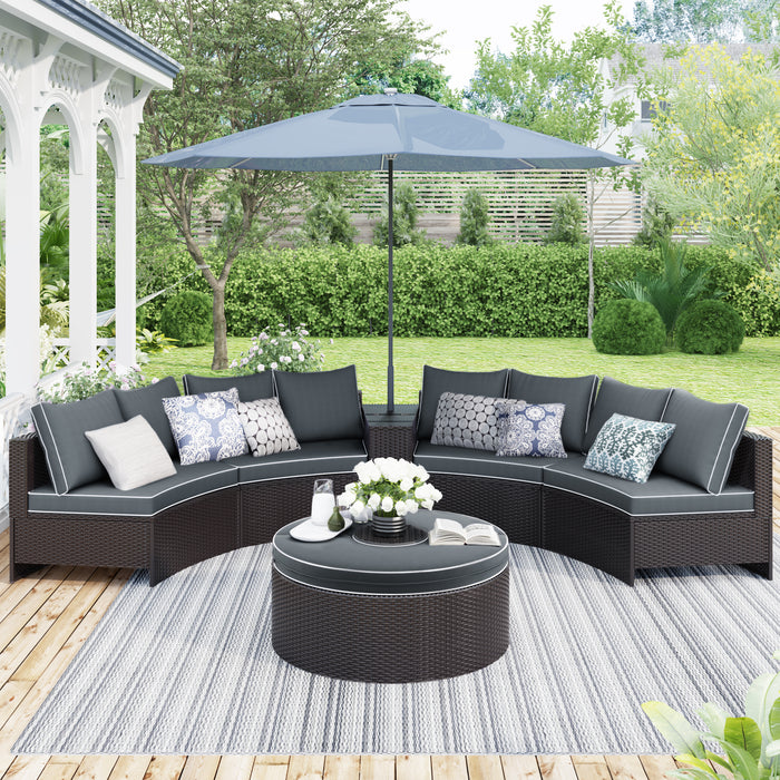 GFD Home - TOPMAX 6 Pieces Outdoor Sectional Half Round Patio Rattan Sofa Set, PE Wicker Conversation Furniture Set w/ One Storage Side Table for Umbrella and One Multifunctional Round Table, Brown+ Gray - GreatFurnitureDeal