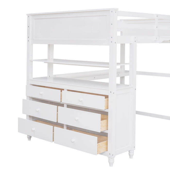 GFD Home - Full size Loft Bed with Drawers and Desk, Wooden Loft Bed with Shelves - White(OLD SKU:LT000529AAK) - GreatFurnitureDeal