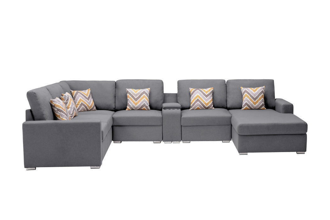 GFD Home - Nolan Gray Linen Fabric 7Pc Reversible Chaise Sectional Sofa with a USB, Charging Ports, Cupholders, Storage Console Table and Pillows and Interchangeable Legs - GreatFurnitureDeal