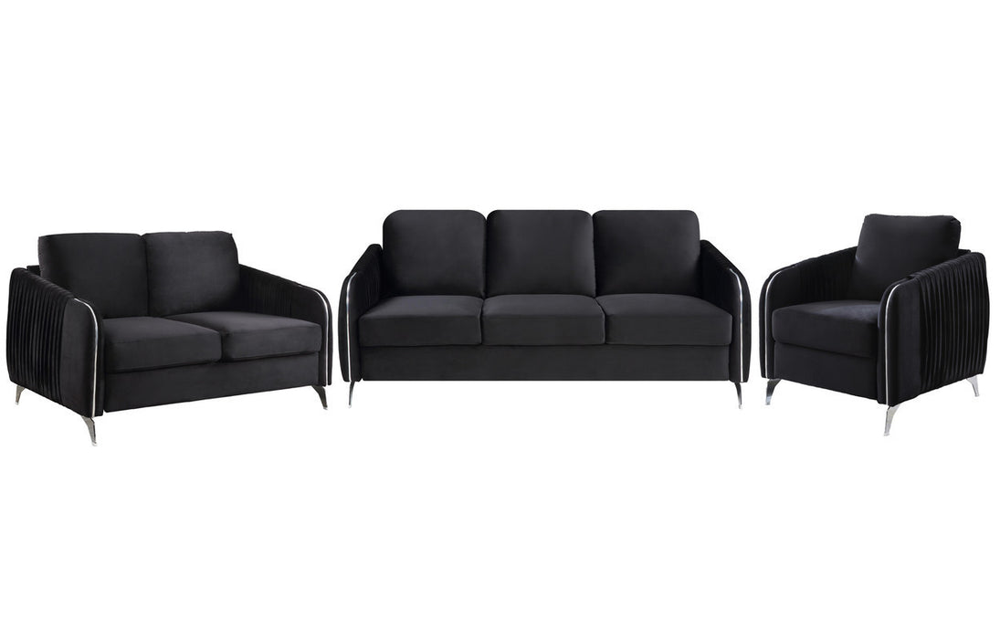 GFD Home - Hathaway Black Velvet Fabric Sofa Loveseat Chair Living Room Set - GreatFurnitureDeal