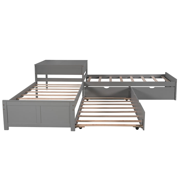 GFD Home - L-shaped Platform Bed with Trundle and Drawers Linked with built-in Desk,Twin,Gray - GreatFurnitureDeal