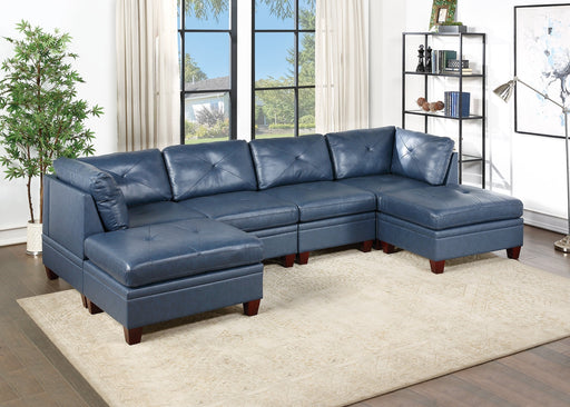 GFD Home - Genuine Leather Ink Blue Tufted 6pc Sectional Set 2x Corner Wedge 2x Armless Chair 2x Ottomans Living Room Furniture Sofa Couch - GreatFurnitureDeal